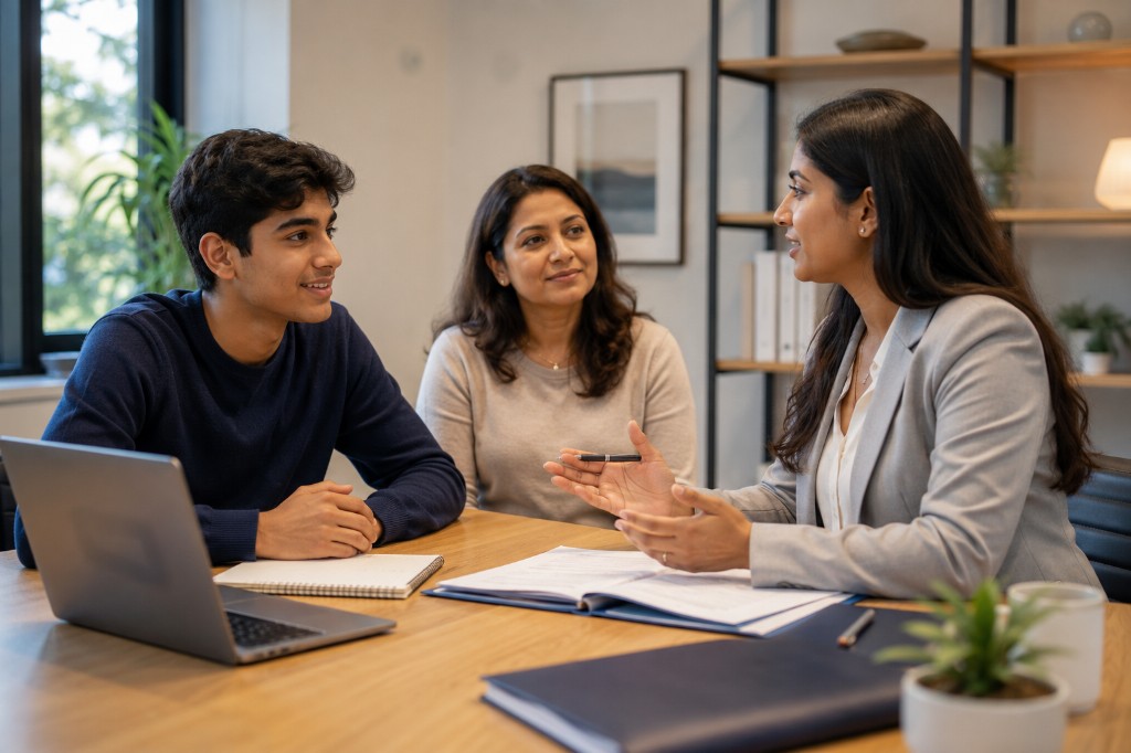 Counsellor guiding a student and parent through admissions planning
